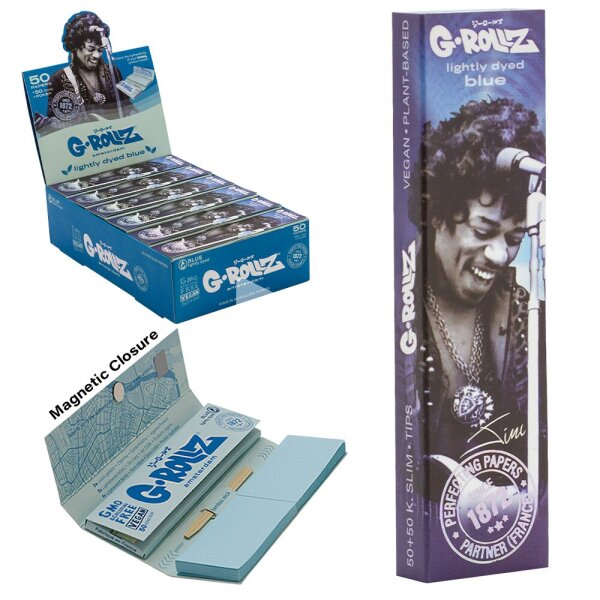 G-Rollz | Rolling Papers Blue Spark Ungebleicht – 50 King Size Slim Papers + Tips (24er Display)