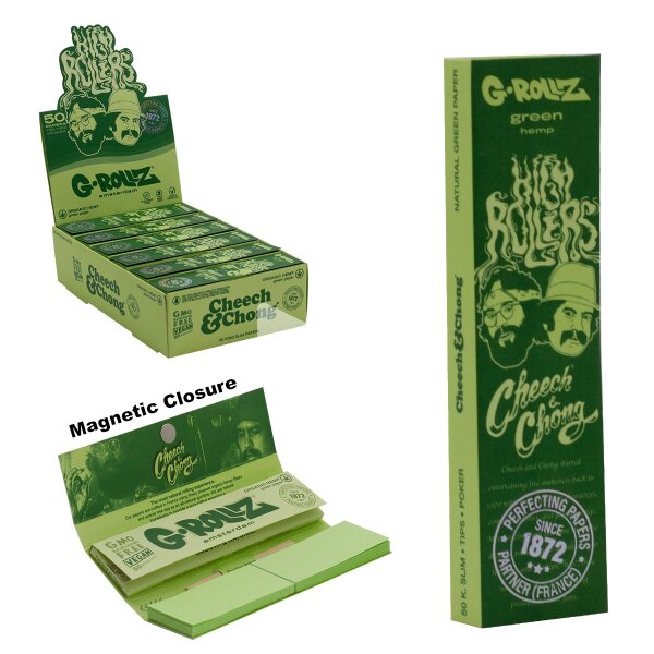 G-Rollz | Rolling Papers Cheech & Chong™ - Organischer Grüner Hanf – 50 King Size Slim Papers + Tips (24er Display)