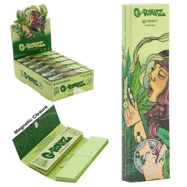 G-Rollz | Rolling Papers Collector Mushroom Lady Organischer Grüner Hanf – 50 King Size Slim Papers + Tips (24er Display)