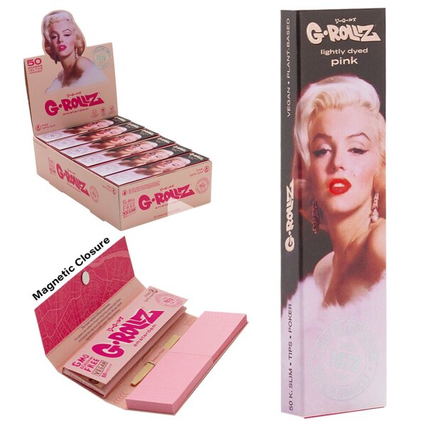 G-Rollz | Rolling Papers Fabulous Face Pink – 50 King Size Slim Papers + Tips (24er Display)