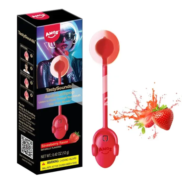 Amos Tastysounds Lollipop - Der Lollipop mit Musik - HipHop(Erdbeere) - 12er Display **NEUER TIKTOK TREND**