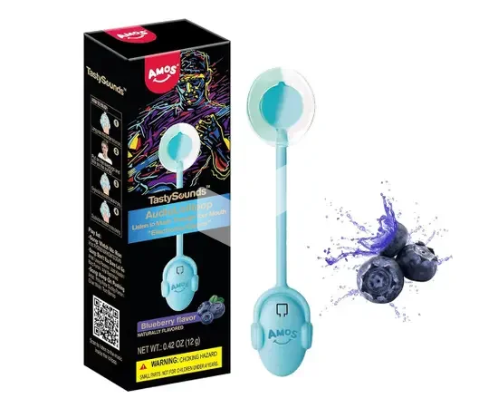 Amos Tastysounds Lollipop - Der Lollipop mit Musik - Electronic Dance(Blaubeere) - 12er Display **NEUER TIKTOK TREND**